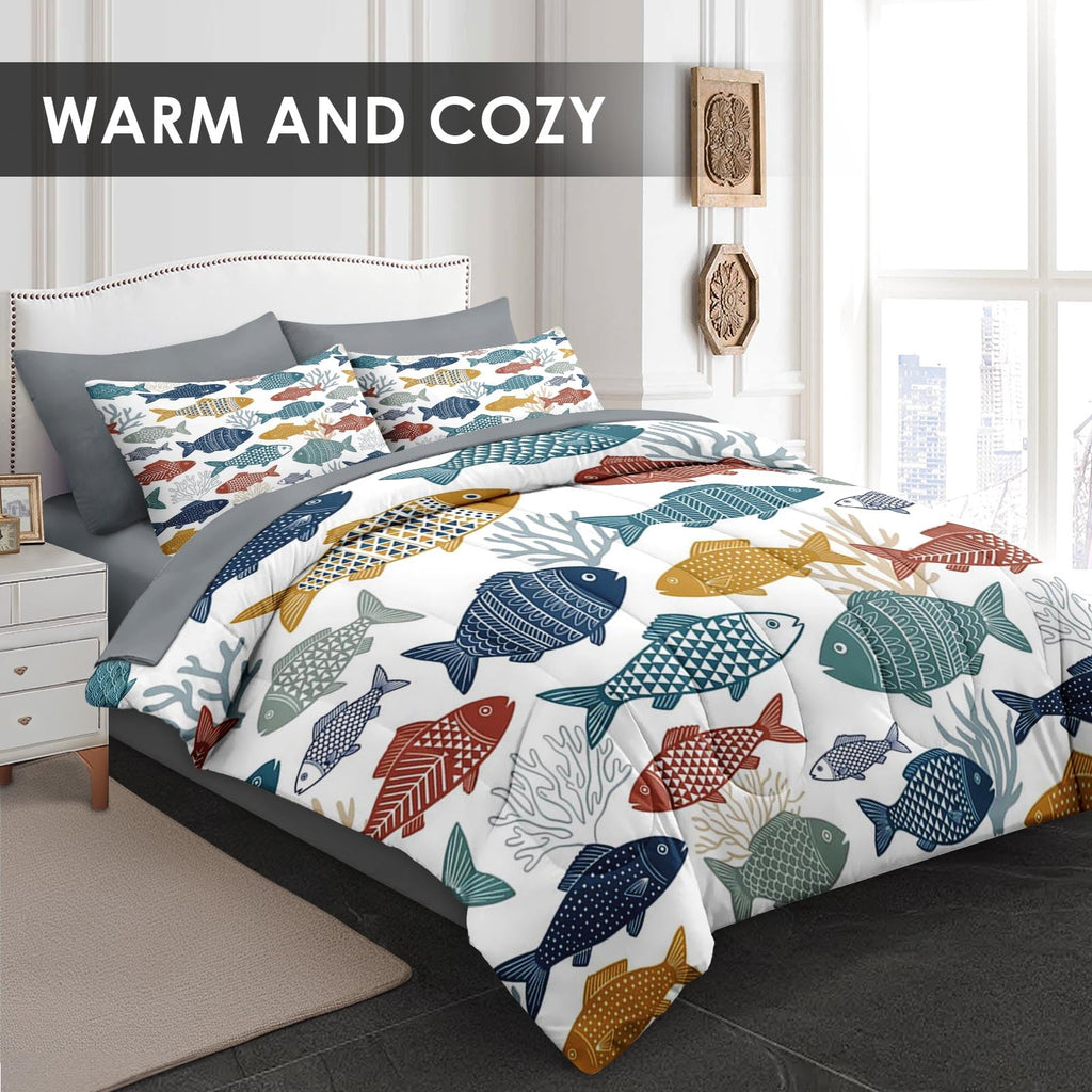 7 Pcs Comforter Set, Fish Ocean Bedding