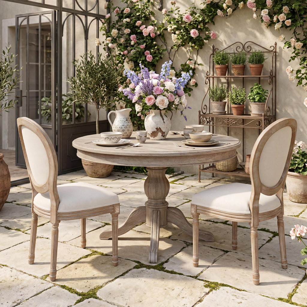 Dining Chairs Set of 2 Beige Fabric Round Back with Solid Wood Legs and Frame for French Country Kitchen Dining Room