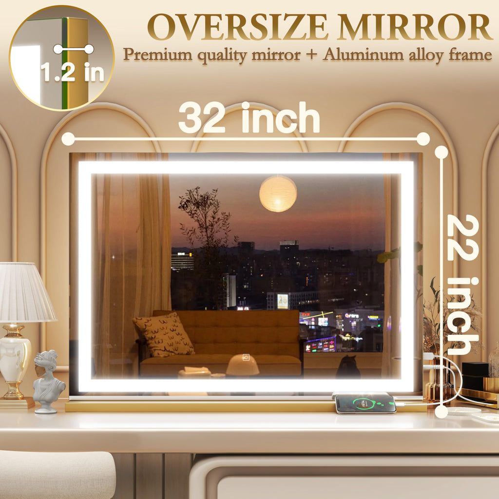 Vanity Mirror with Lights, 32" x 22" Large Lighted Vanity Mirror with Dimmable 3 Modes, LED Makeup Mirror, 10X