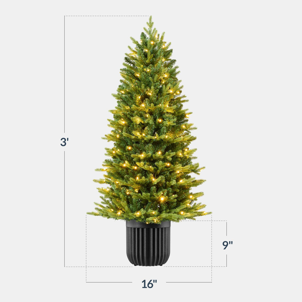Prelit Potted Pencil Christmas Tree, 3Ft Realistic Artificial Lighted Holiday Décor, 100 Twinkling LEDs, Porch