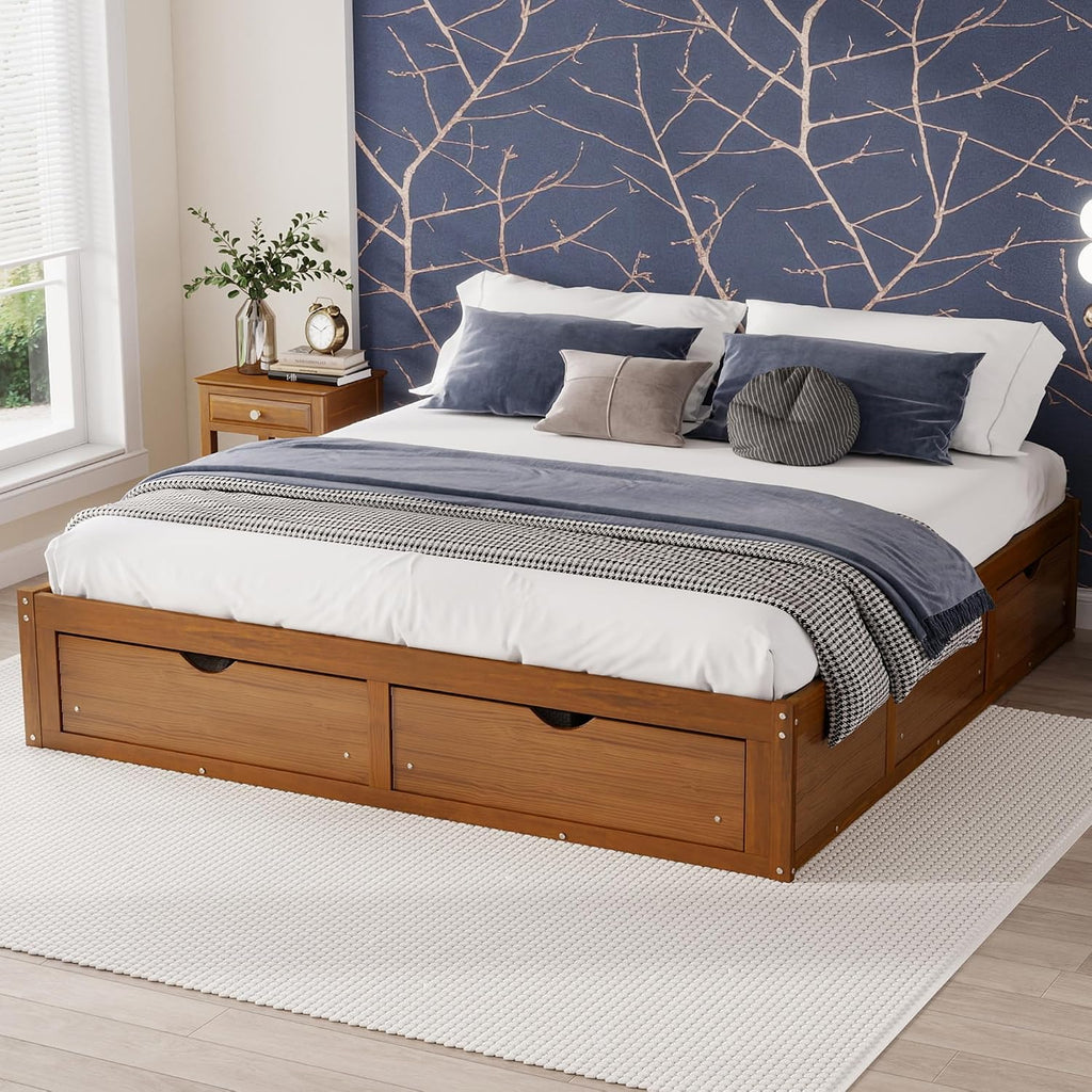 Solid Wood Floor King Bed Frame with Storage Drawers No Headboard(Walnut)