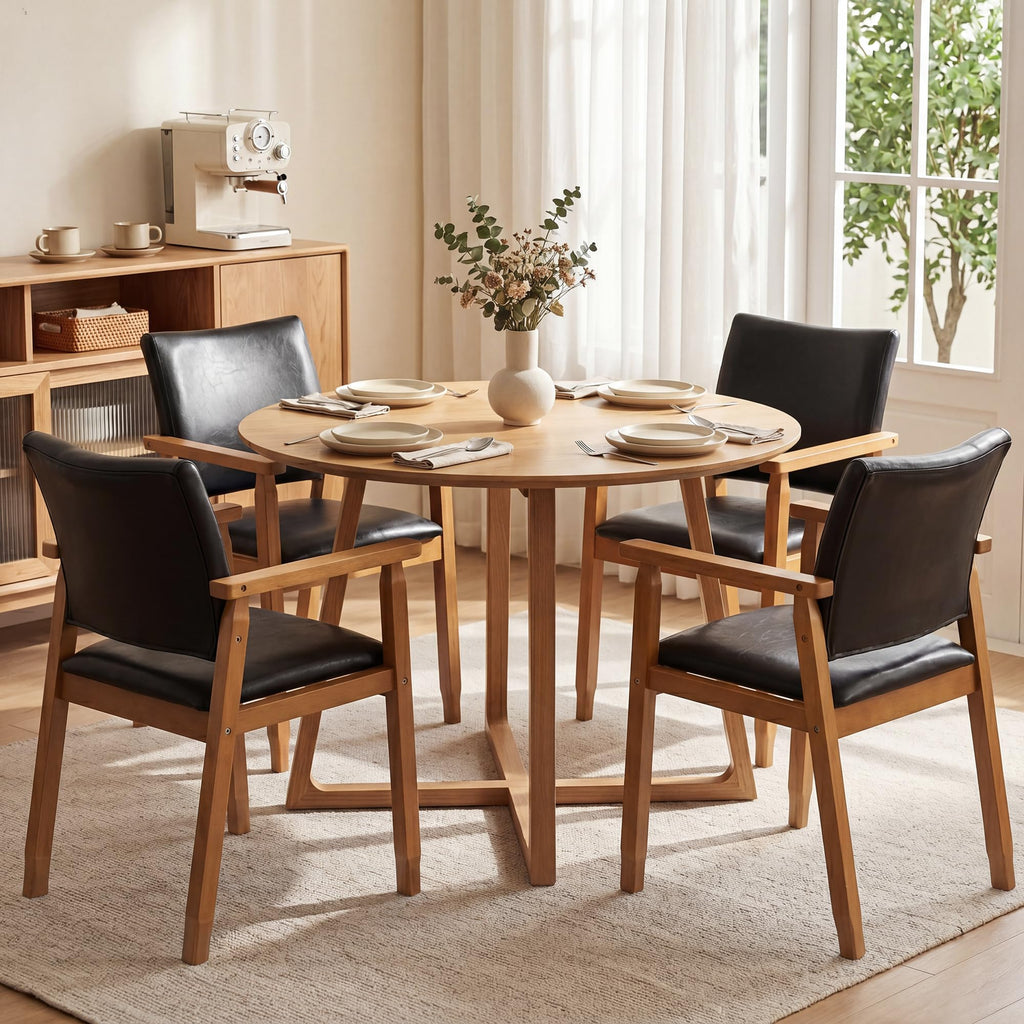 Mid-Century Modern PU Leather Dining Chair with Arms, Solid Wood Frame, 320 lbs Weight Capacity, Upholstered Accent