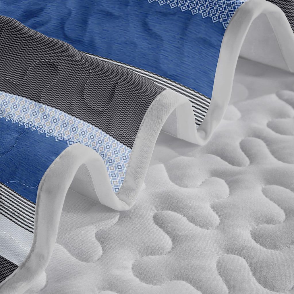 Grey and Blue Stripe Quilt Set, Grey Blue Boho Geometric Bedspread, 3 Pieces Patchwork Stripes Bed Cover