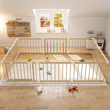 Wooden Baby Playpen, 10 Panels Fence for Babies and Toddlers 83"×57" | Size Adjustable Baby Play Yard with Locking