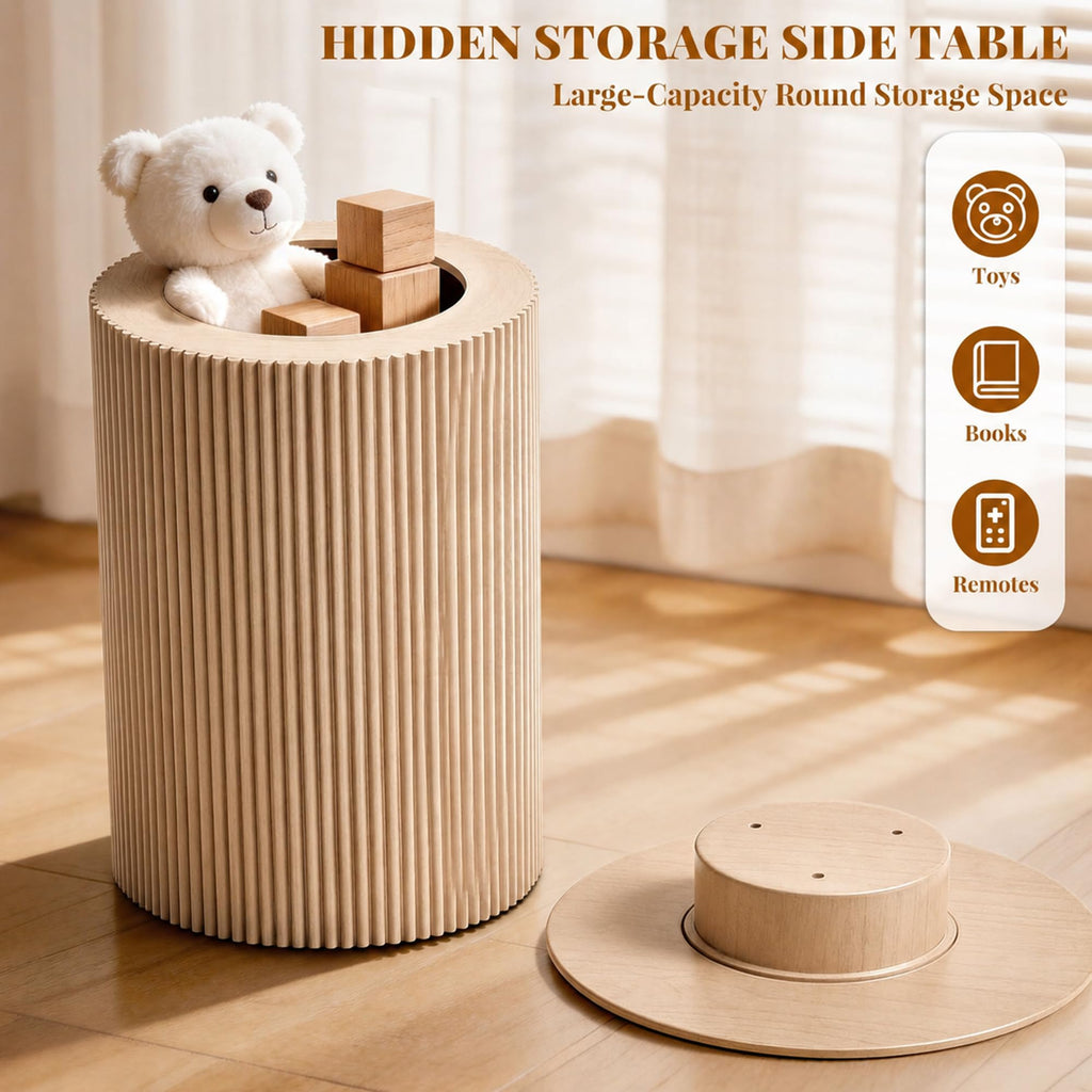 24" Fluted End Table Reversible, Hidden Storage, Natural Oak