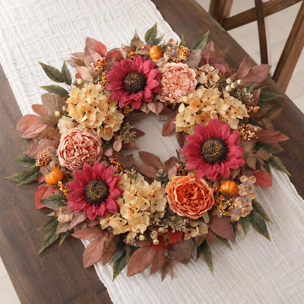 24"Fall Artificial Wreath with Sunflower Peony for Front Door Decor(Orange)