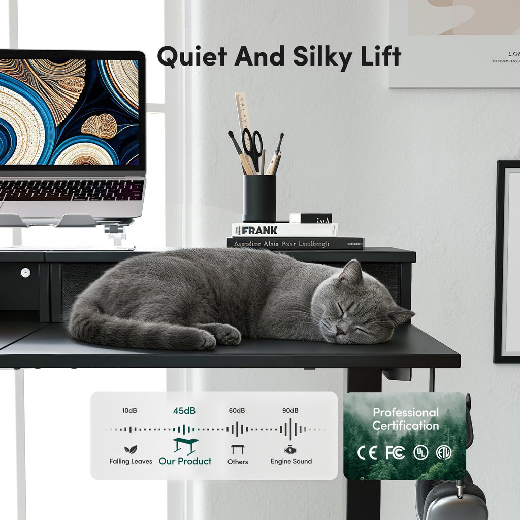 63"x48" L Shaped Standing Desk with Drawers & Shelf, Modern Black
