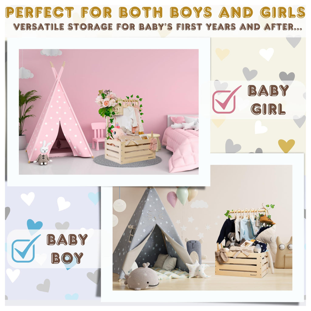 Wooden Baby Shower Crate Closet with Clothes Hangers & Dividers, Large Gift Basket for Boys & Girls, Wood Box Storage