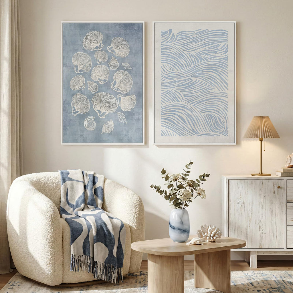 Large Framed Abstract Coastal Blue White Wall Art, 24x36 In