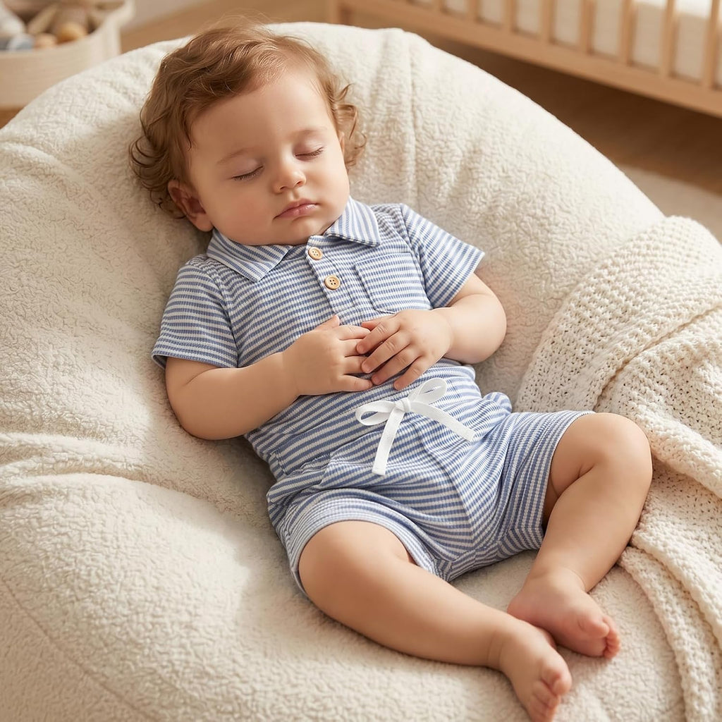 Newborn Baby Boy Summer Clothes Short Sleeve Top and Stripe Shorts Set 2 Piece Baby Boy Summer Waffle Outfit