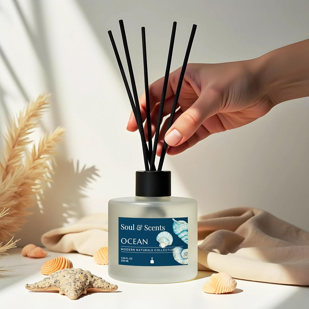 Reed Diffuser Set - Ocean | 7.43 oz Refillable Scented Oil with 6 Fiber Sticks | Long-Lasting Home Fragrance & Air