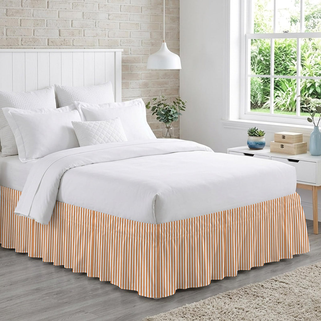 Thin Orange Striped Bed Skirt 16 Inch Drop, Adjustable & Elastic Wrap Around Bed Skirts Pleated Luxury