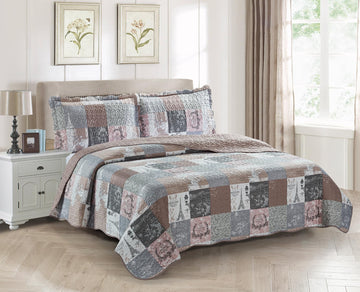 Latte Grey Paris & Toile Floral Patchwork Quilt Set