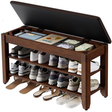 31.5" Wide Solid Wood Shoe Rack Bench with Flip-Top Storage