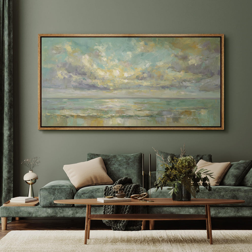Extra Large Framed Canvas Print Wall Art Serene Ocean Sunrise Horizon Soft Coastal Seascape Landscape Antique Retro