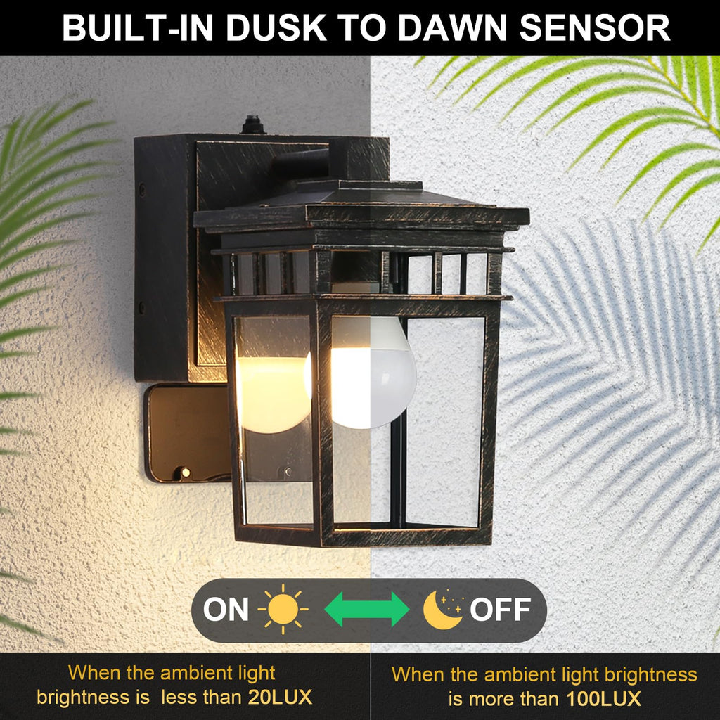 Outdoor Wall Lantern, Dusk to Dawn Porch Light with GFCI Outlet & LED Bulb