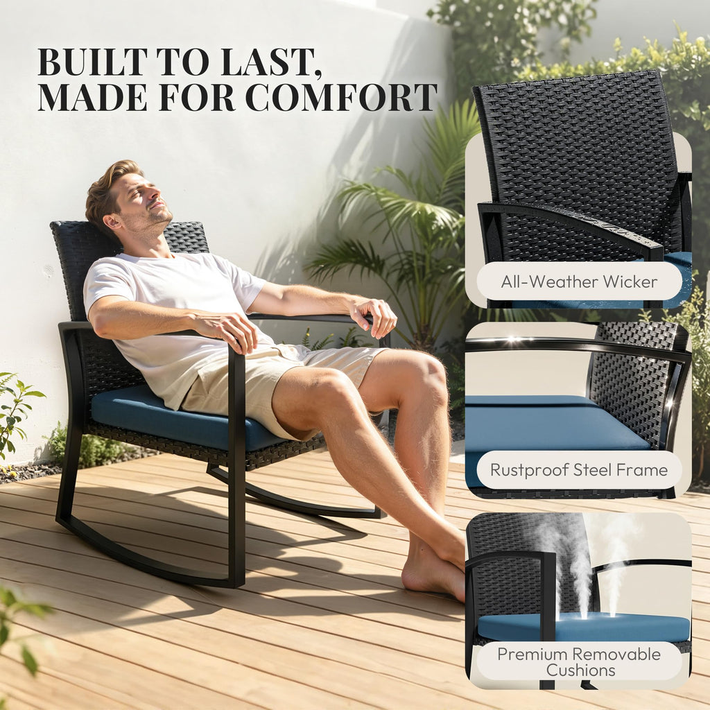 Rocking Patio Bistro Sets 3 Piece - All-Weather - Conversation Furniture Set, Wicker Rattan Outdoor Front Porch Chair
