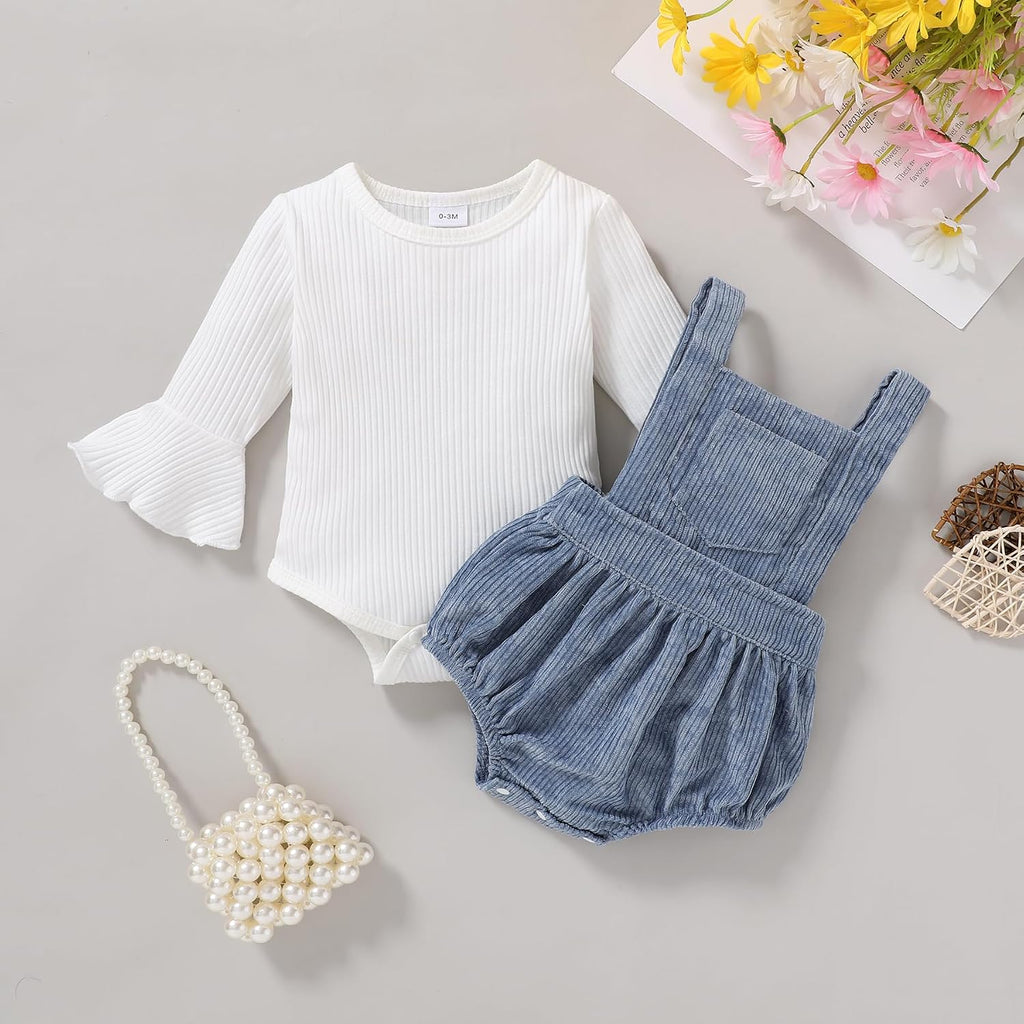 Newborn Baby Girl Clothes Bell Sleeve Romper and Corduroy Overalls Shorts Infant Girl Fall Outfits