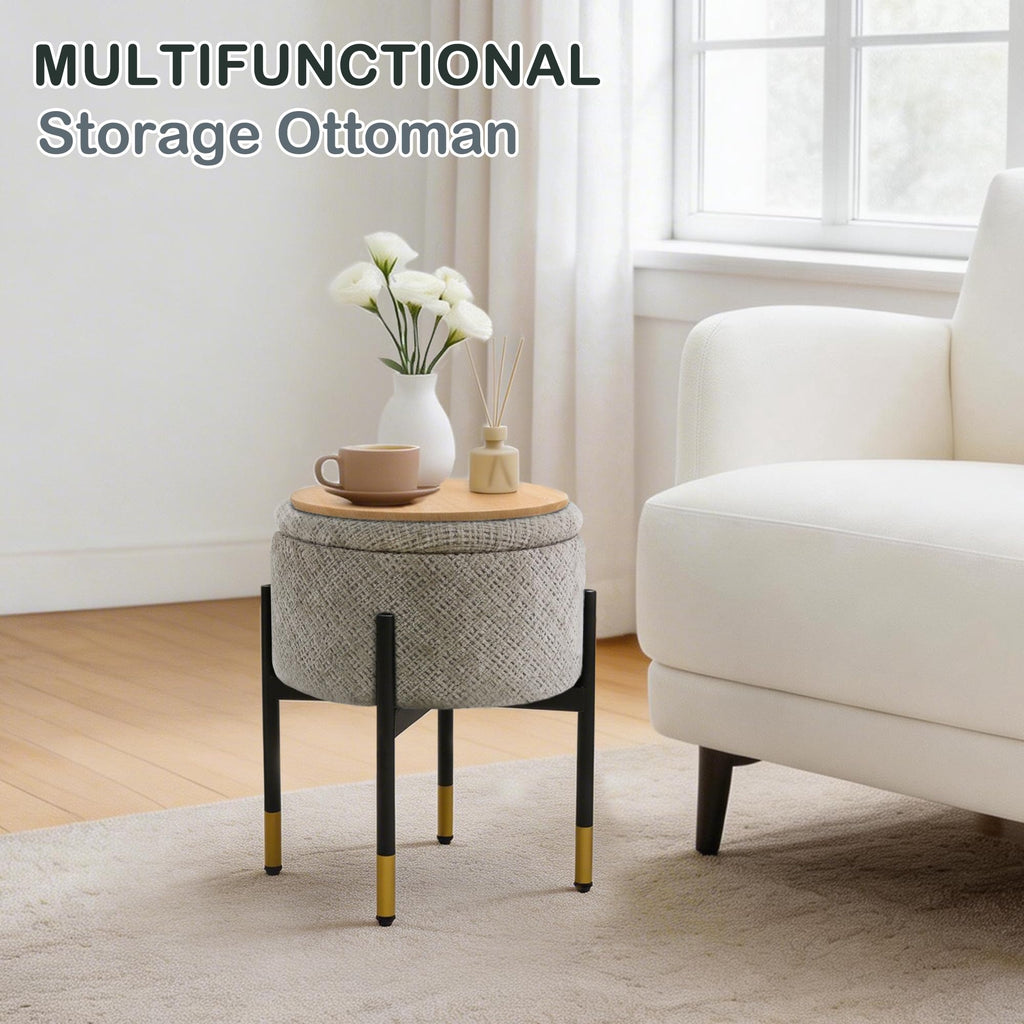 Round Ottoman with Storage, Velvet Makeup Vanity Stool, Small Ottoman Foot Stool with Coffee Table and Metal Legs