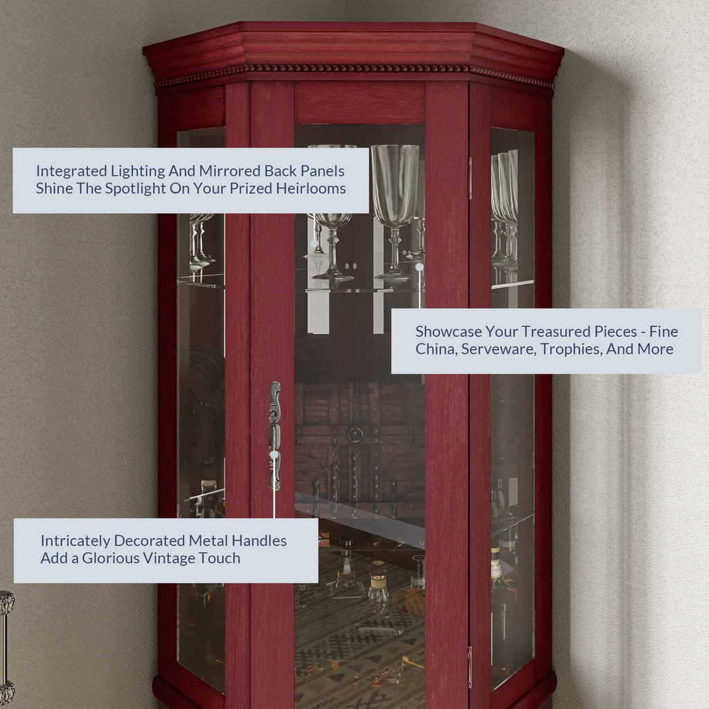 Lighted Wooden Corner Display Curio Cabinet, Two Section Shelving Unit with Tempered Glass Door, Bar and Liquor