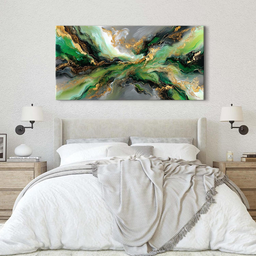 Emerald Green Abstract Wall Art Green and Gold Wall Decor Marble Canvas Picture Above Couch Artwork Decorations