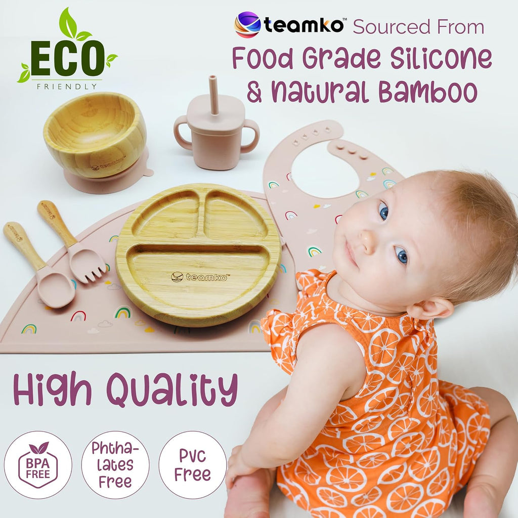 Silicone Baby Feeding Set: Bamboo Baby Plate and Bowl, Bib, Utensils, Cup & Placemat - Bamboo Kids Plates - Ideal