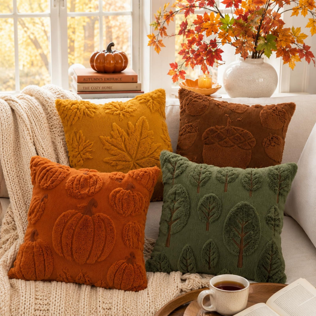 4 Pcs Fall Throw Pillow Covers 18 x 18 Inch Embroidered Pillow Cases