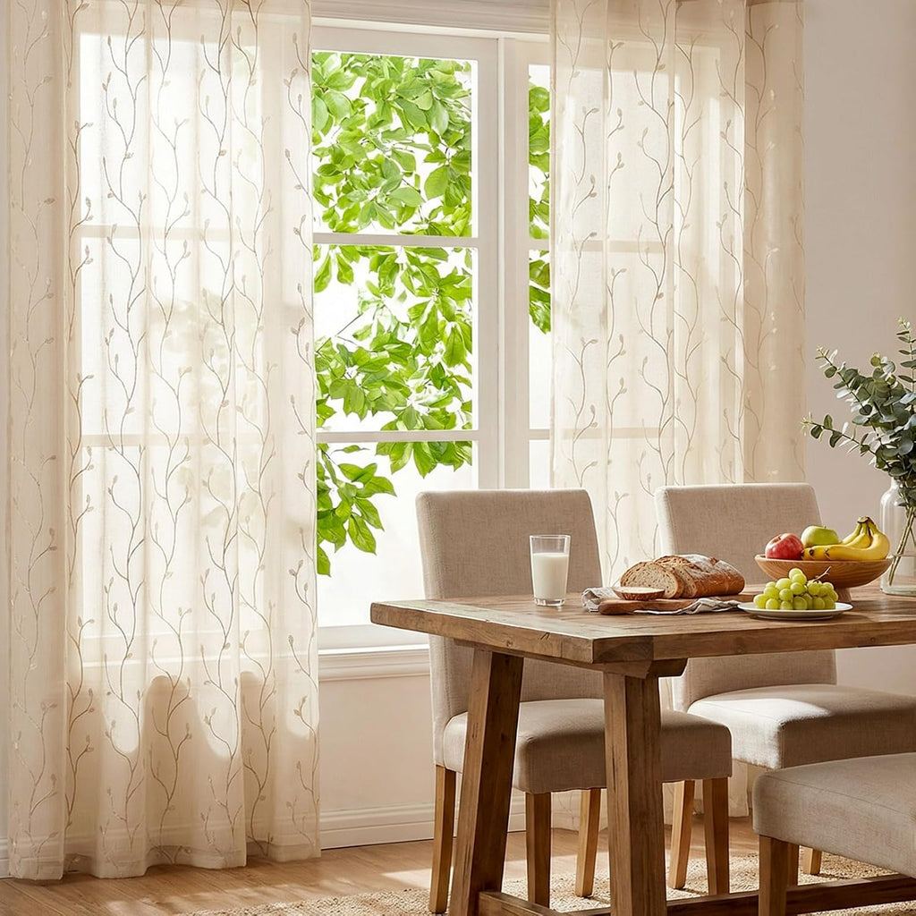 Sheer Curtains for Bedroom 96 Inch Length Leaf Embroidered Semi Sheers for Living Room Botanical Embroidery Voile