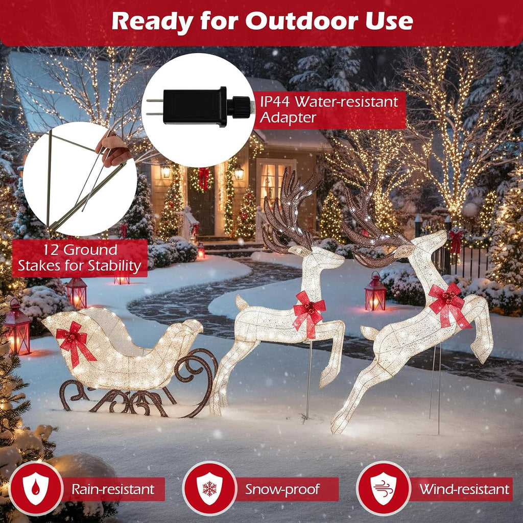 3-Piece Christmas Lighted Reindeer & Sleigh Set, Cold White