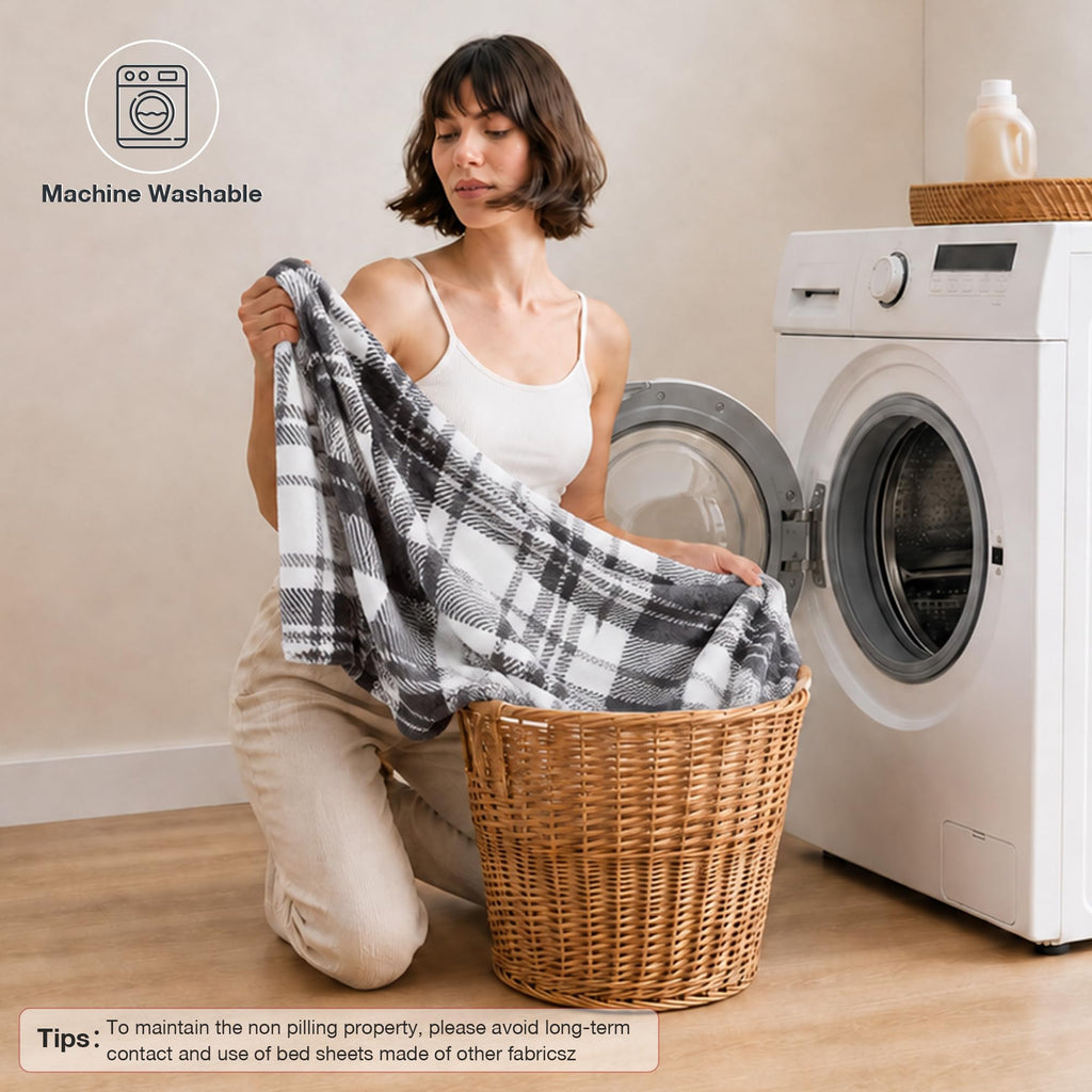 Fleece Sheets Full Size, Flannel Like Soft, Grey White Plaid