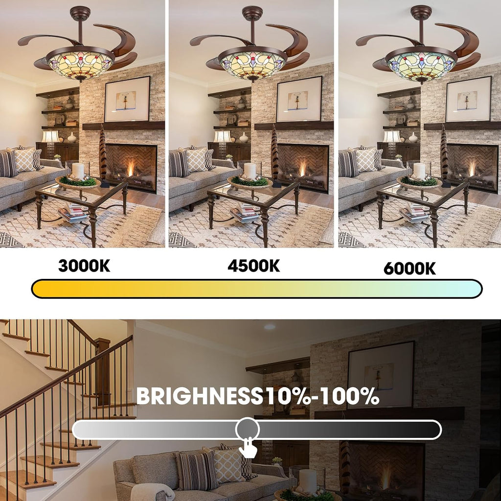 48" Tiffany Retractable Ceiling Fan with Light - (Red Dot, Brown)