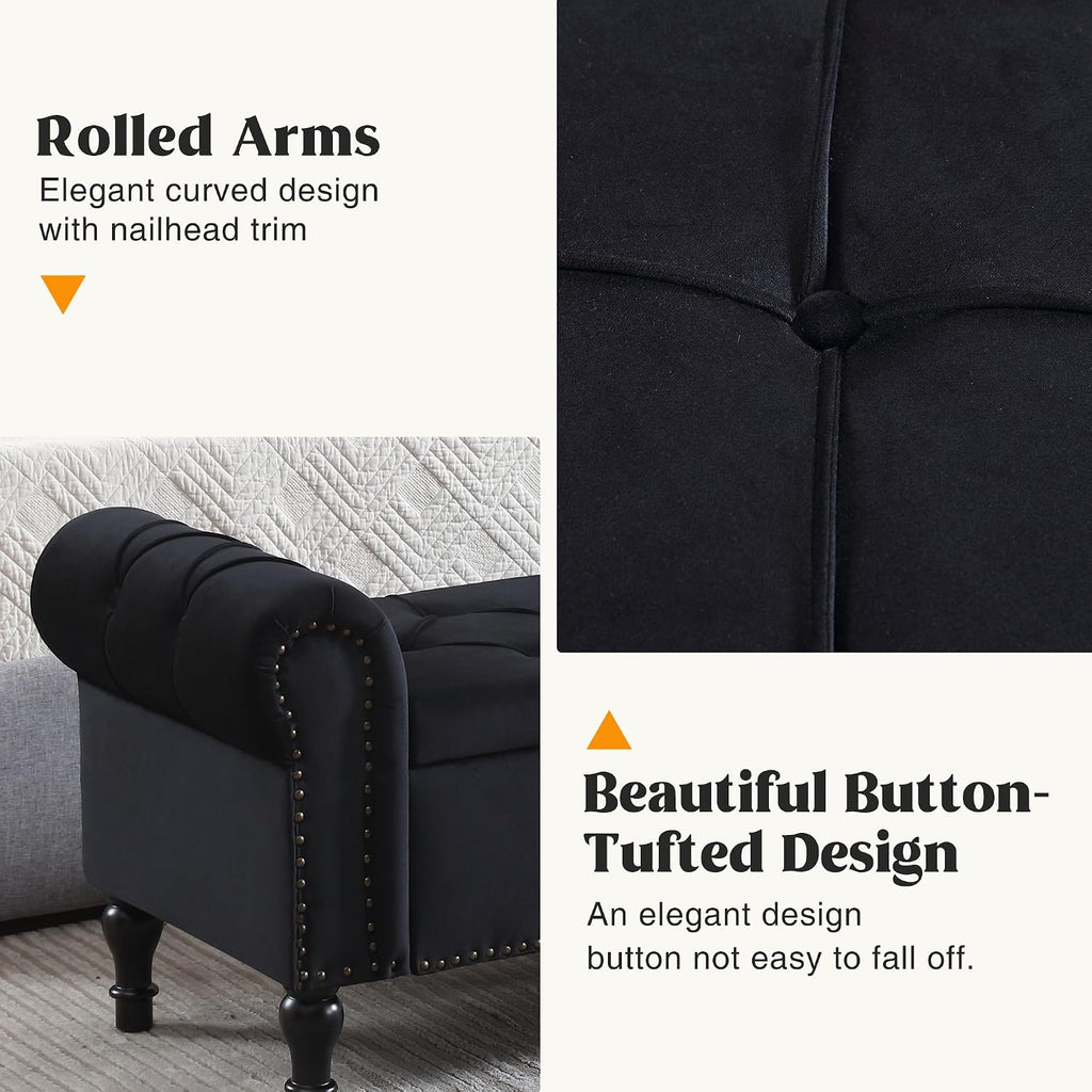 Storage Bed Bench , 67 Inches End of Bed Bench, Velvet King Size Bench with Arms, Tufted Button Storage Ottoman