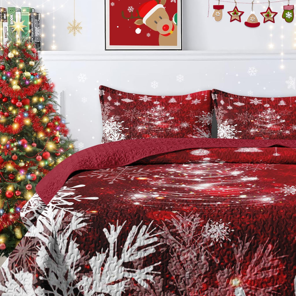 King Christmas Quilt Set, 3 Piece Red Glitter Bedding, Bedspreads