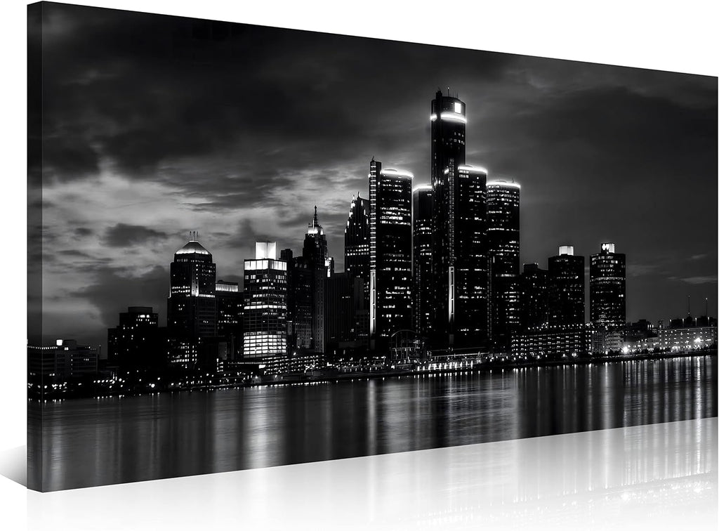 Detroit Skyline Canvas Wall Art Cityscape Night Scene Black & White City Art Print on Canvas Modern Giclee Framed