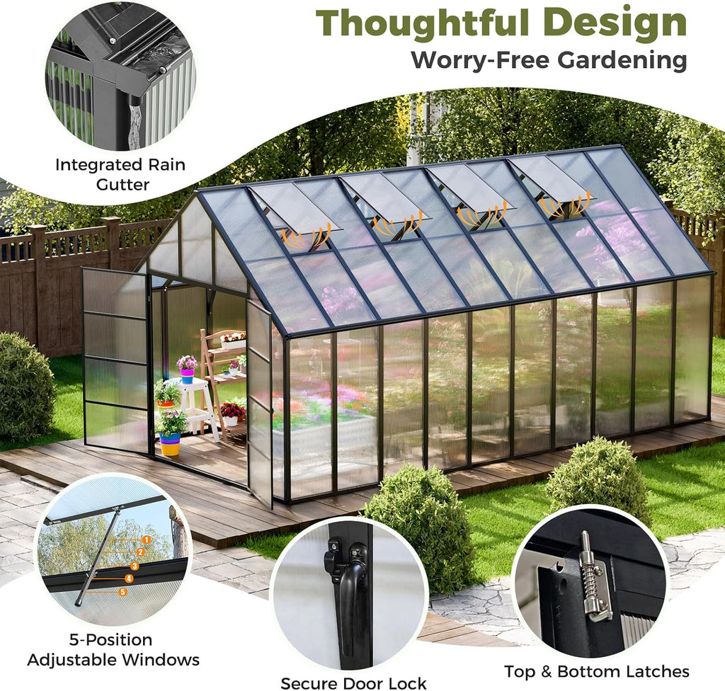 20x10x10 FT Polycarbonate Greenhouse with 4 Roof Vents