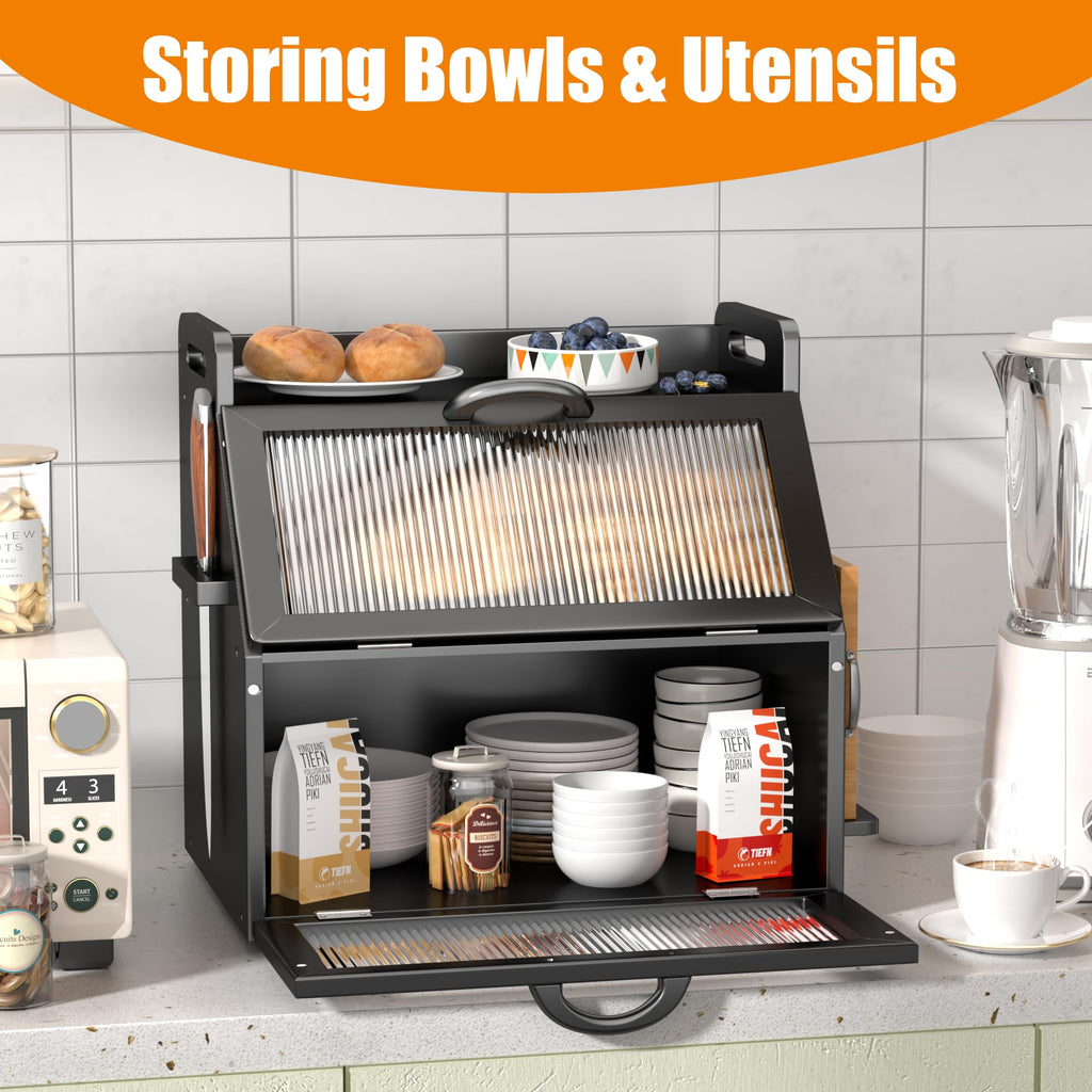 Countertop, Large Bread Storage Container made Bread, Wooden Farmhouse Breadbox Organizers, Double Layer Bread Bin