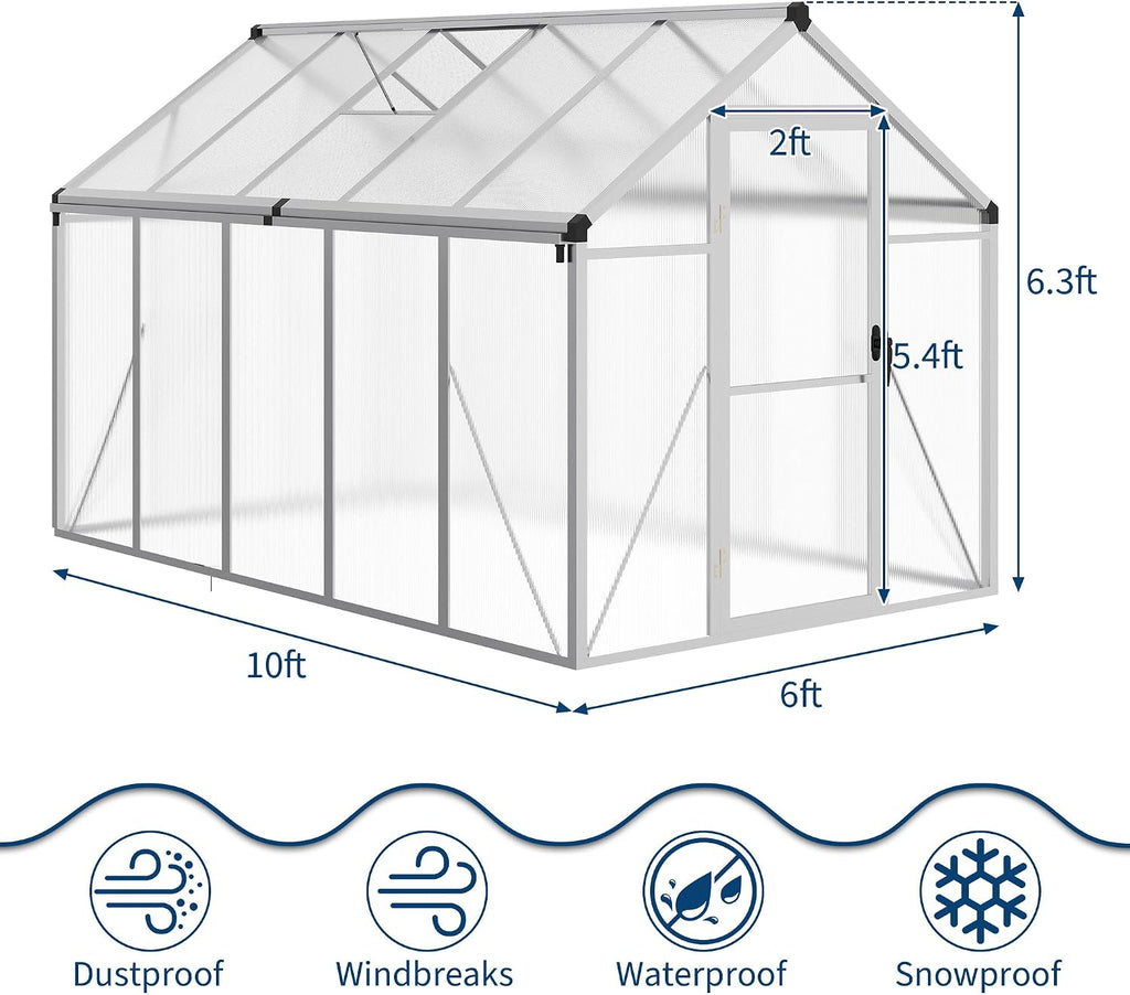 6X10 FT Greenhouse for Outdoors, Large Walk-in Polycarbonate Greenhouse Kit, Aluminum Frame, Lockable Door, Roof