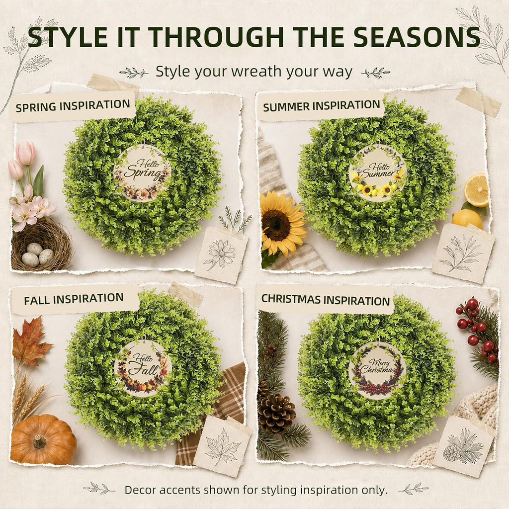 20 Inch Faux Boxwood Wreath with 3 Double-Sided Wooden Signs