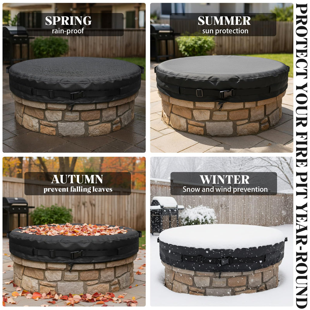 Round Fire Pit Cover 51-56" | Heavy Duty 600D Oxford Waterproof Outdoor Firepit Cover with Adjustable Buckle Strap