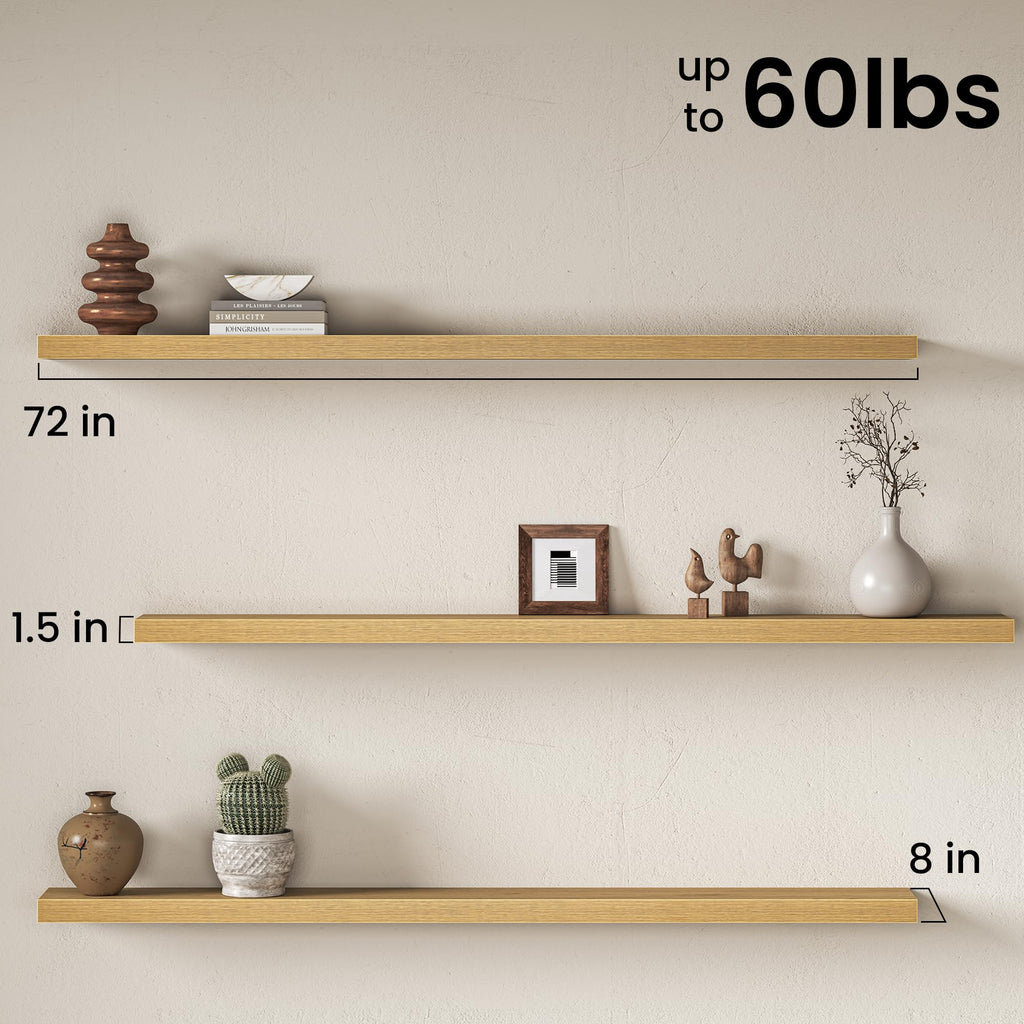 72 Inch Floating Shelves for Wall, 8 Inch Deep Wall Mounted Wood Shelves with Invisible Brackets Storage Decor, Oak