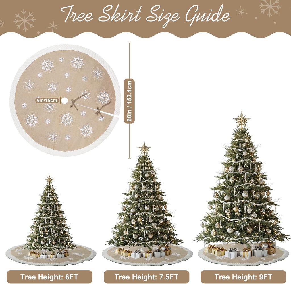 Christmas Tree Skirt 60 inches, Burlap Tree Skirt for 7.5 ft Tree to 9 ft Tree, Large Snowflake Tree Skirt with Faux
