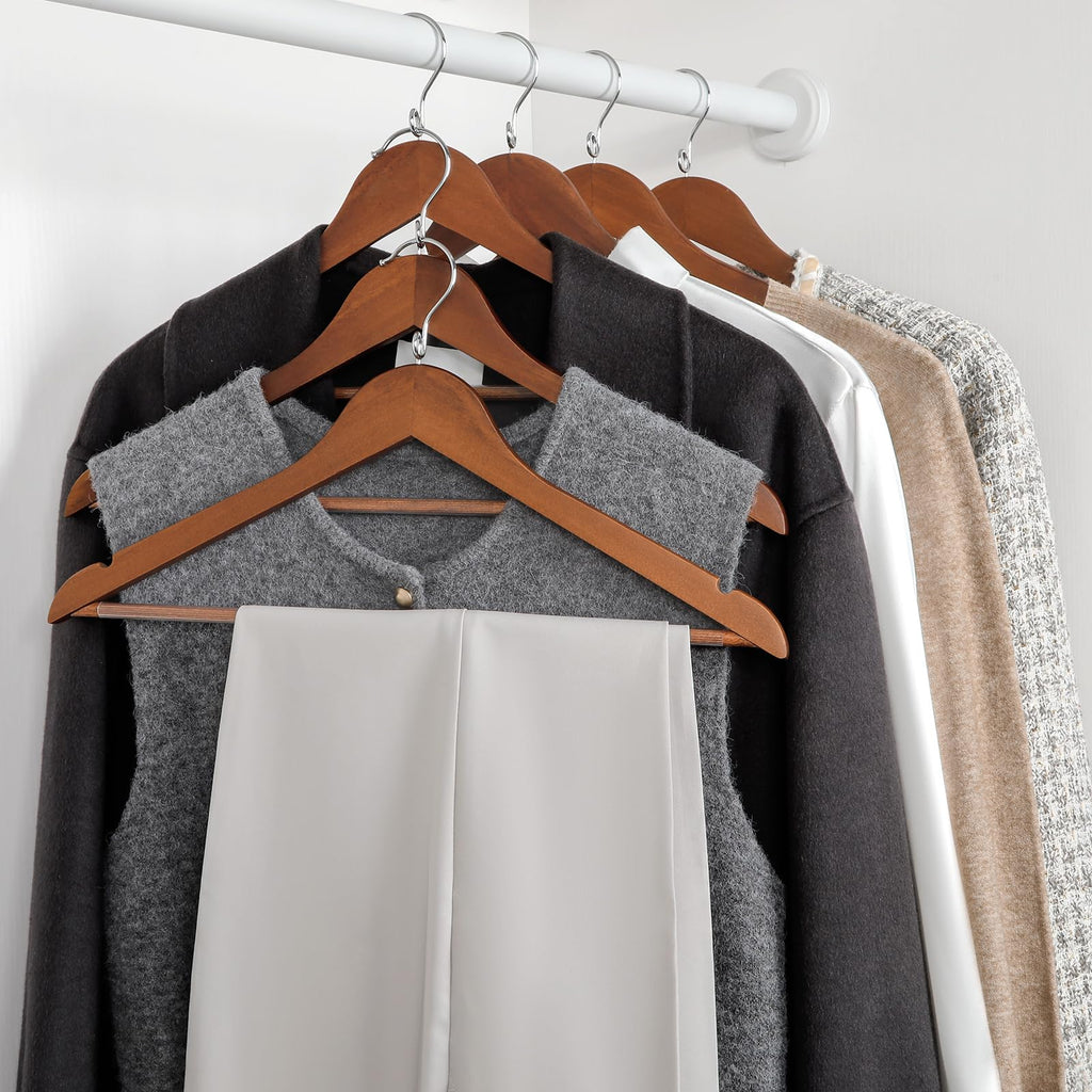 Wooden Hangers 30 Pack, Space Saving Coat Hanger with 360° Swivel Cascading Loop Hook, Non Slip Pants Bar and