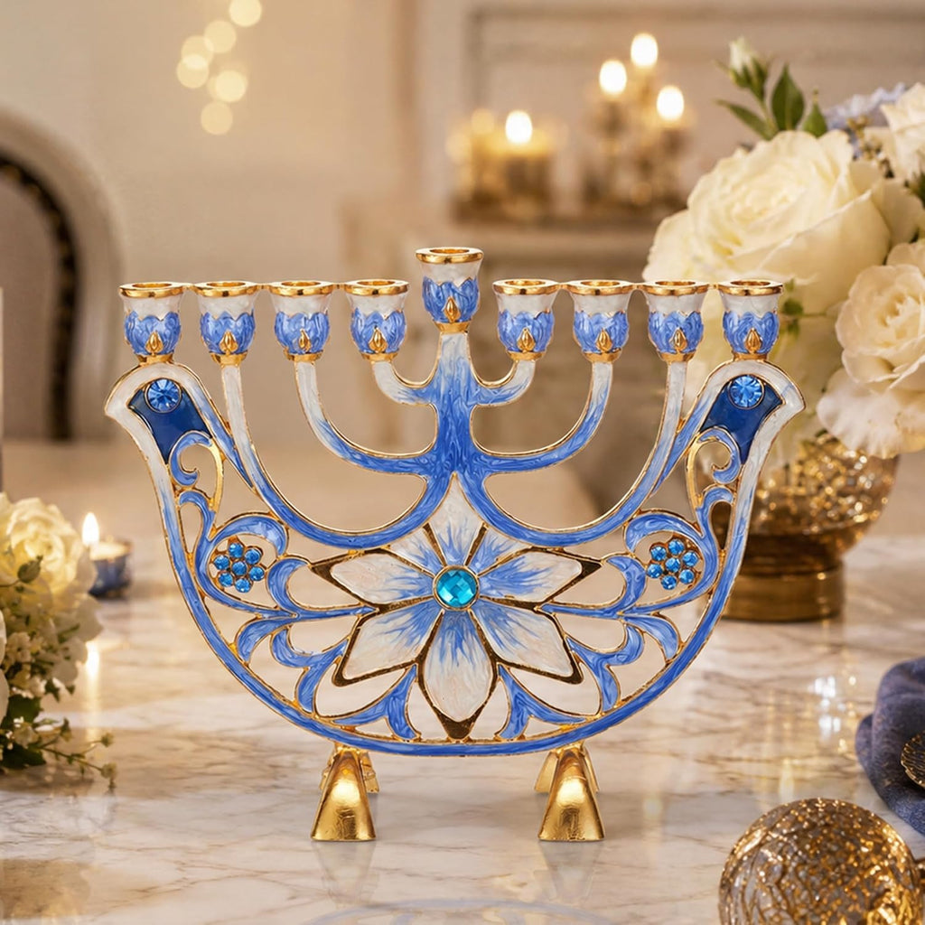 Hand Painted Blue and Ivory Flower Candelabra, Embellished