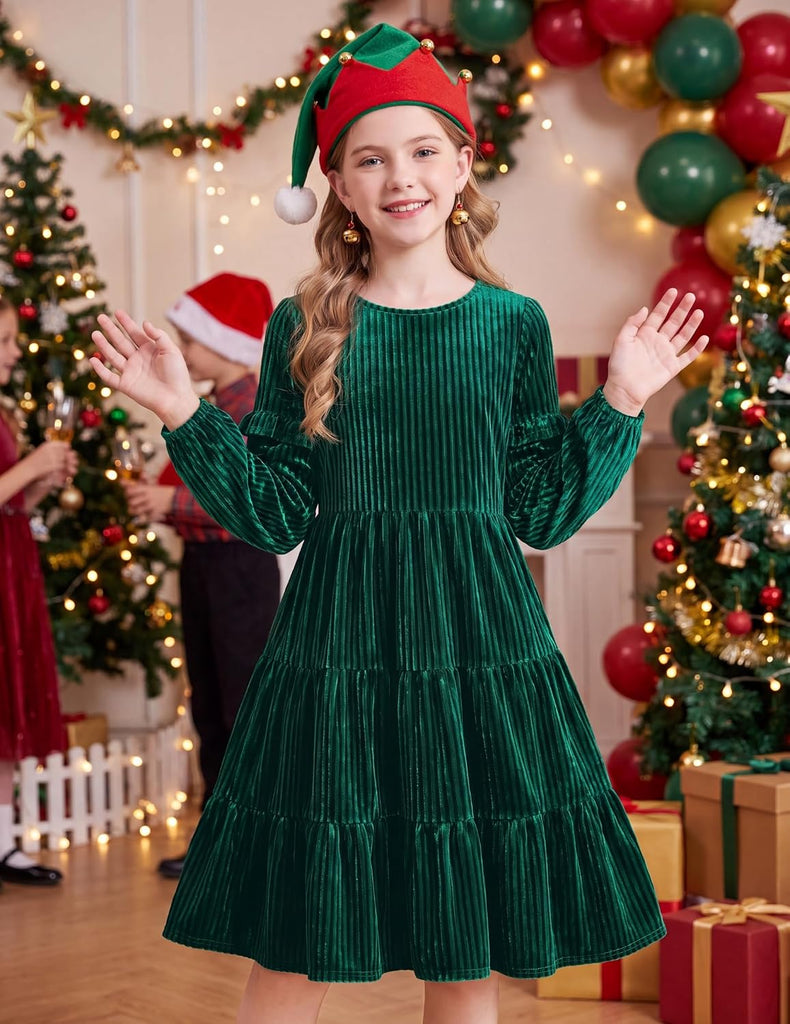 Girls Velvet Dress Tiered Long Sleeve Elegant Tween Fall Dresses