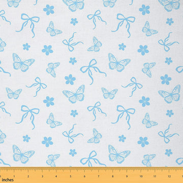 Blue Butterfly Fabric by The Yard, Floral Bowknot Soft Polyester No Stretch Fabric for Sewing Lover, Ribbon Bow Knot