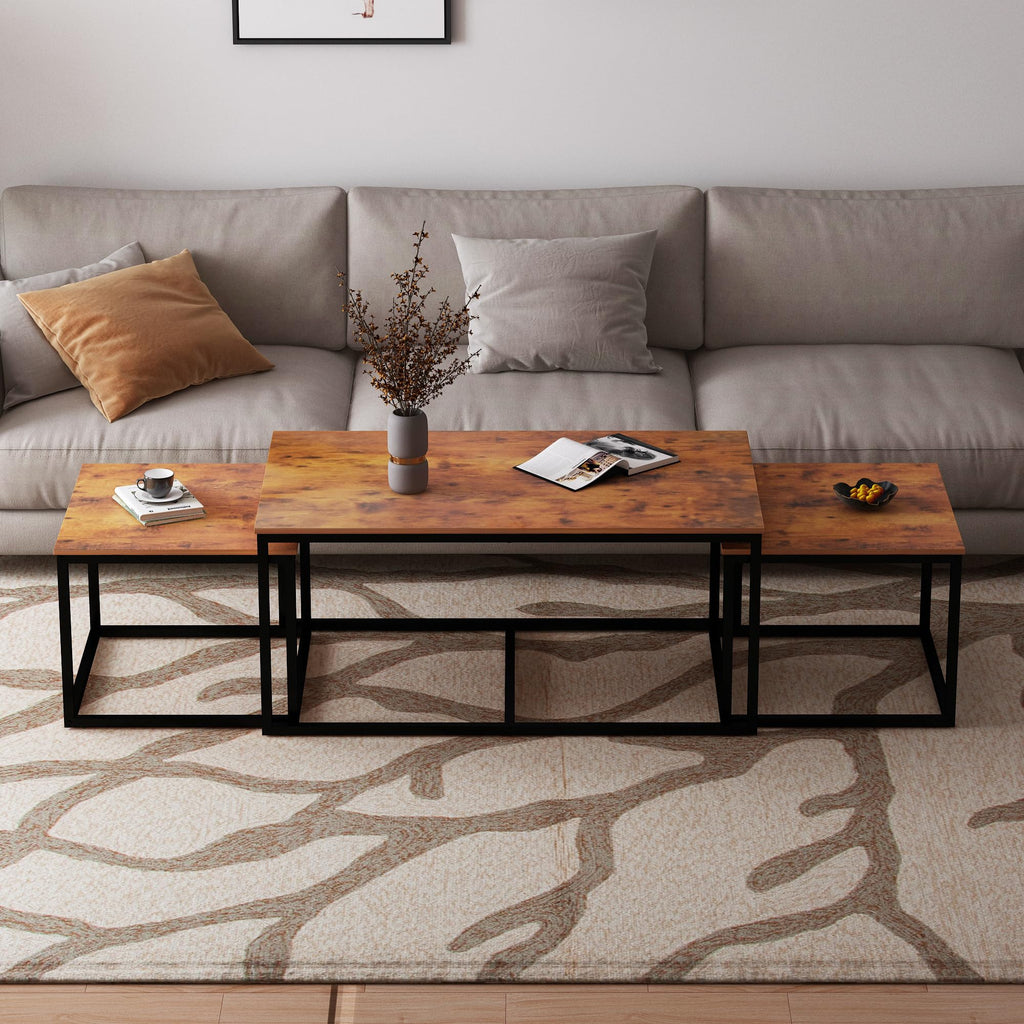 Nesting Coffee Tables, 3 Piece Living Room Coffee, Industrial Rectangular Coffee Set, End Side Tables Bedroom