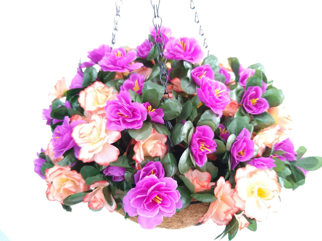 Wedding Porch Decoration Chain Hanging Basket Flowers Silk Azalea with Artificial Grass (9.85 inch)