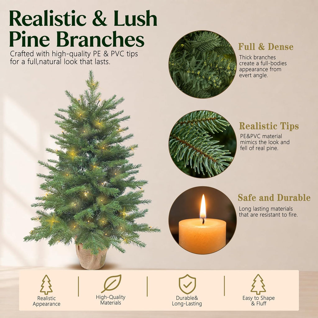 3ft Pre-Lit Artificial Mini Christmas Tree, Battery Operated Xmas Tree