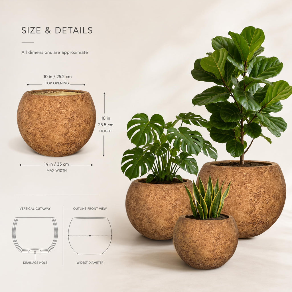 10" H x 14"Dia Brown Fiberstone Planter Pot with Drainage Hole, Large Round Handcrafted Decorative Flower Pot for