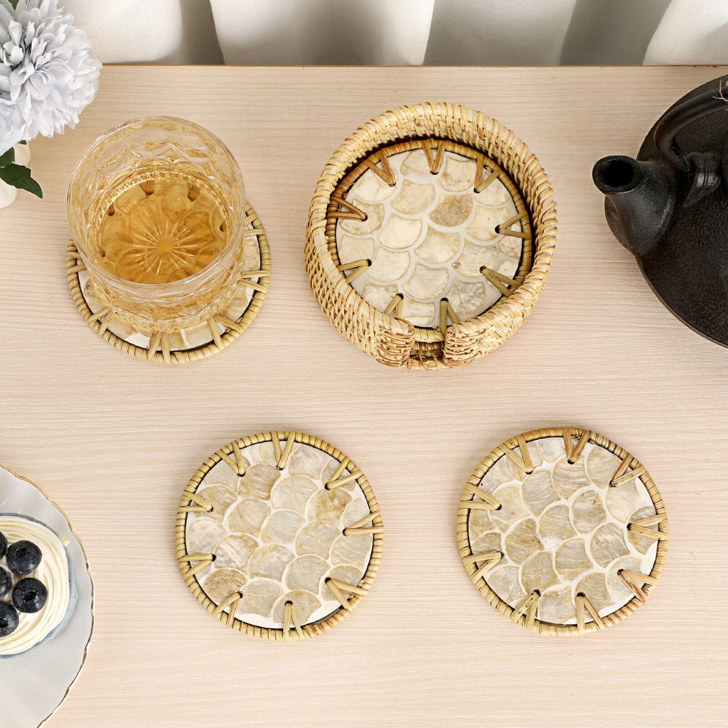 Coastal Coasters Set of 6, Boho Coaster Set with Holder, Fish Scale